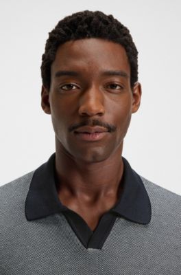 Jersey regular fit de algod&oacute;n y seda con cuello abierto, Azul oscuro