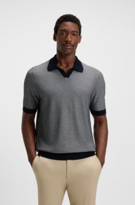 Jersey regular fit de algod&oacute;n y seda con cuello abierto, Azul oscuro