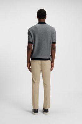 Jersey regular fit de algod&oacute;n y seda con cuello abierto, Azul oscuro