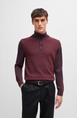 Zip-neck sweater with mixed structures, Light Red