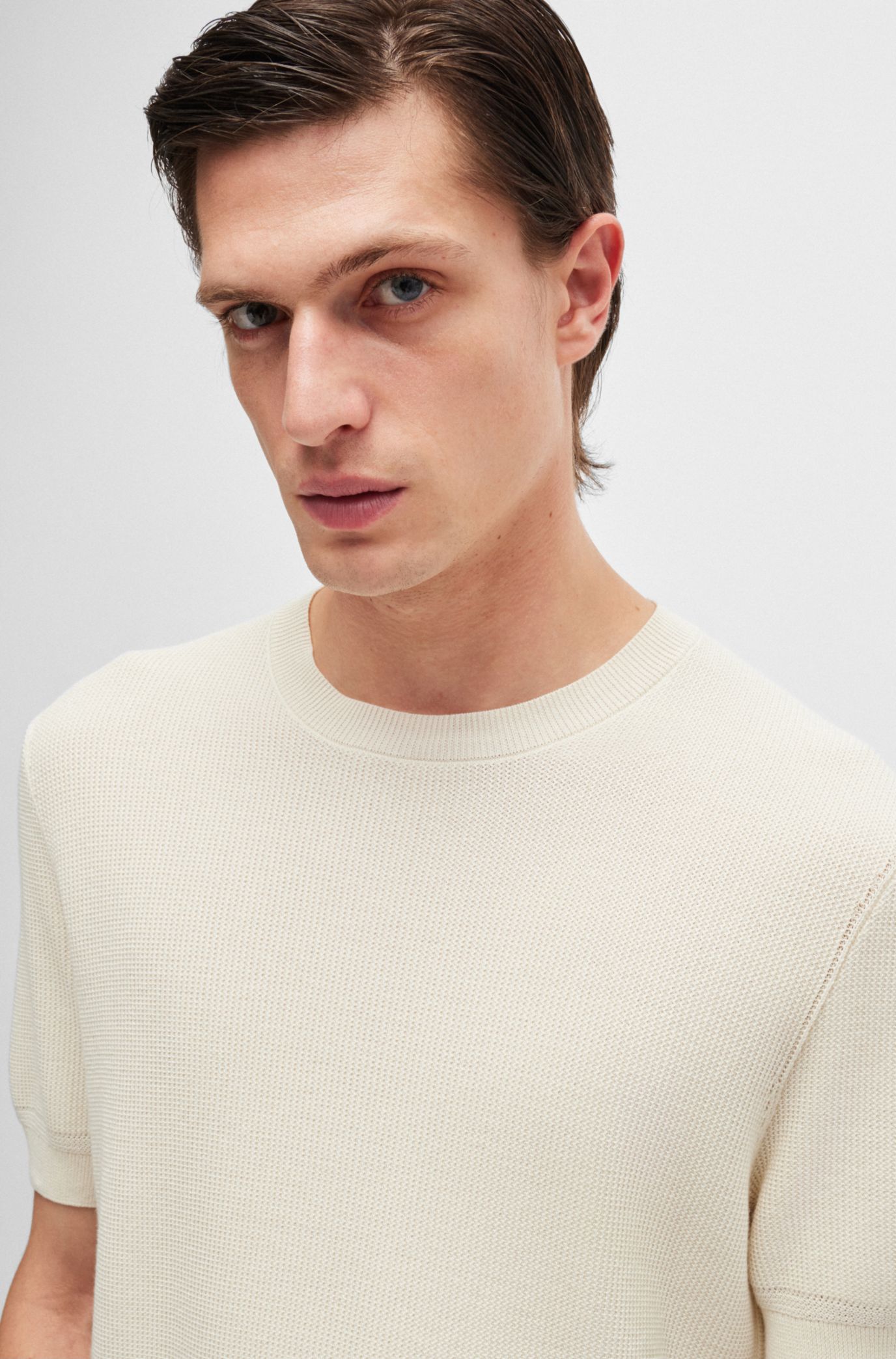 BOSS - Wool regular-fit sweater with knitted structure - White