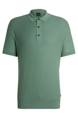 Hugo Boss Regular-fit Knit Polo With Mixed Structures In Light Green