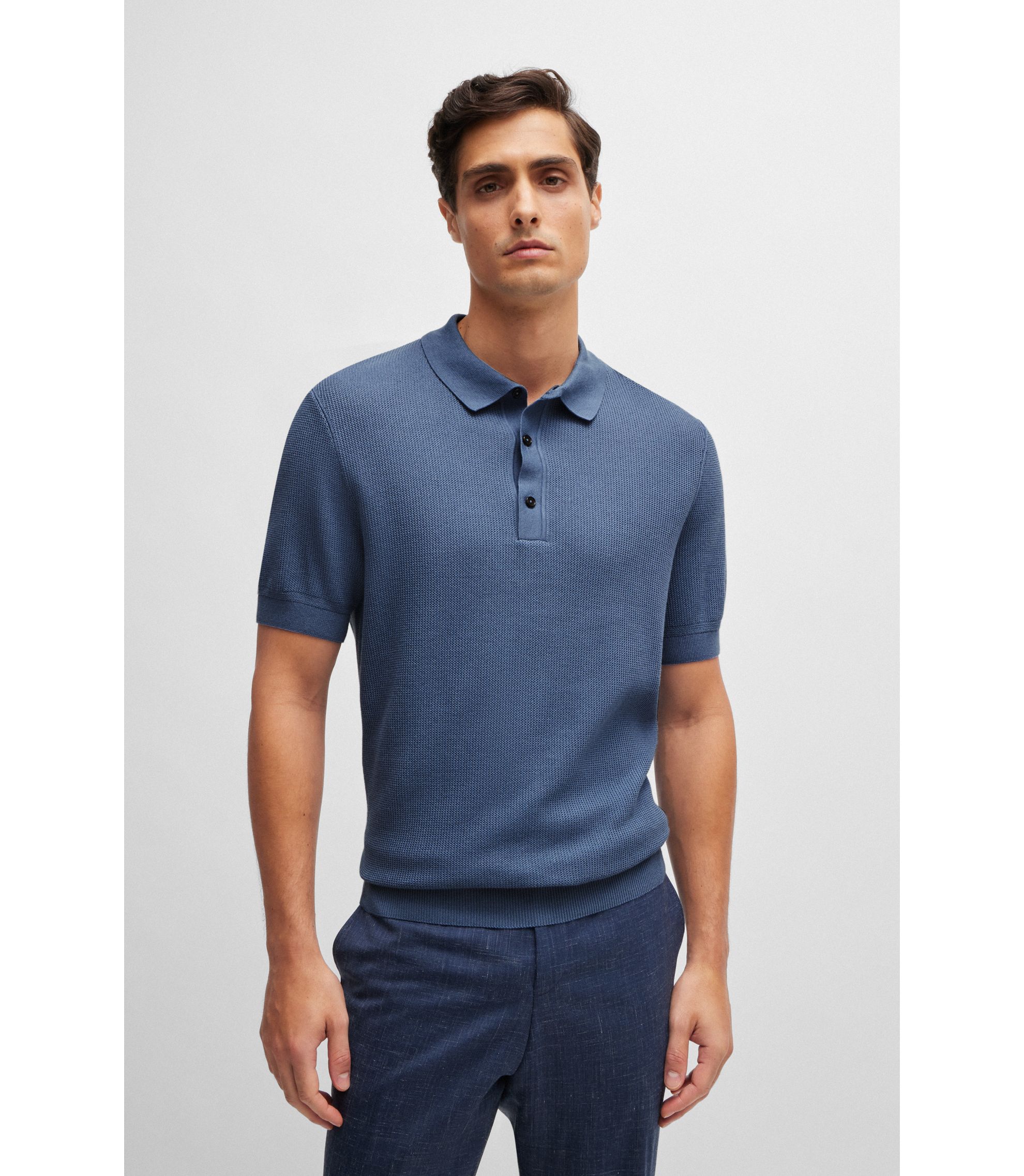 トップス \"HUGO BOSS\" summer knit polo shirt BOSS - Knit polo shirt in cotton and linen - Grey