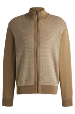 Shop Hugo Boss Zip-up Cardigan In Wool With Mixed Structures In Light Beige