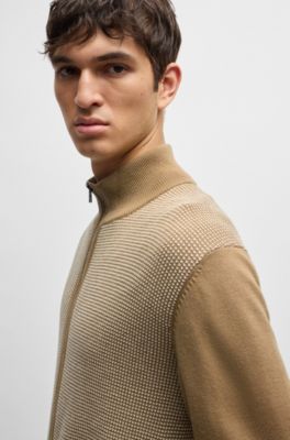 Zip-up cardigan in wool with mixed structures, Light Beige