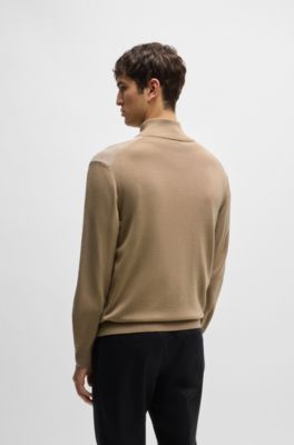 Zip-up cardigan in wool with mixed structures, Light Beige