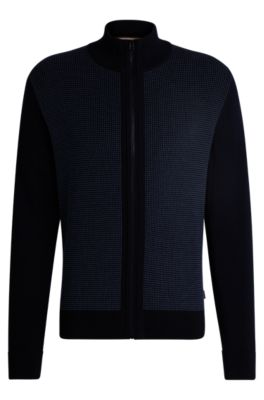 Shop Hugo Boss Zip-up Cardigan In Wool With Mixed Structures In Dark Blue