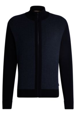 BOSS Zip up cardigan in wool with mixed structures Dark Blue