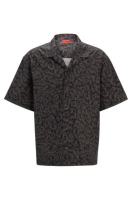 Hugo Boss Oversized-fit Shirt In Seasonal-print Cotton Poplin In Black