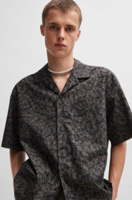 Camisa oversize fit de popel&iacute;n de algod&oacute;n con logo estampado de temporada, Negro