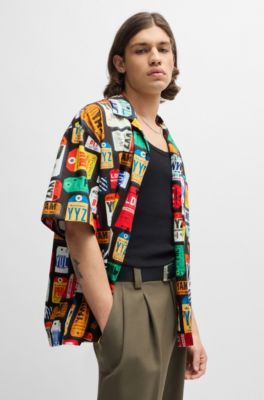 Camisa oversize fit de popel&iacute;n de algod&oacute;n con logo estampado de temporada, Rosa claro