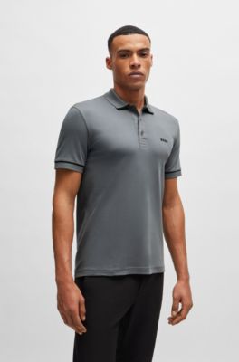 Polo slim fit de algod&oacute;n interlock con ribetes en contraste, Gris