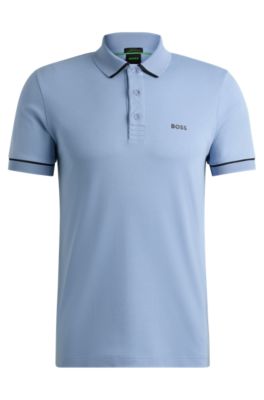 Polo slim fit de algod&oacute;n interlock con ribetes en contraste, Celeste