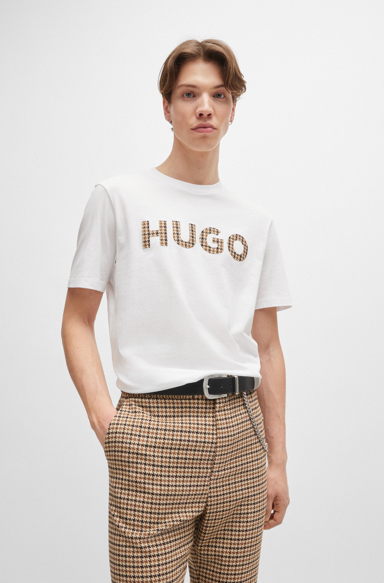 Cotton-jersey regular-fit T-shirt with houndstooth logo