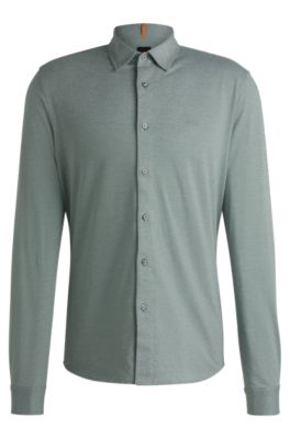 Melange slim-fit shirt in cotton piqu&eacute;, Light Green