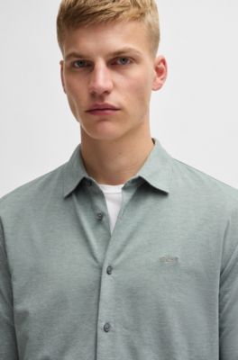 Melange slim-fit shirt in cotton piqu&eacute;, Light Green