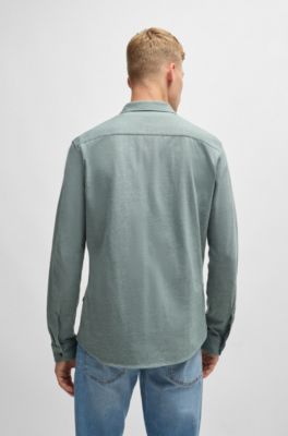 Melange slim-fit shirt in cotton piqu&eacute;, Light Green