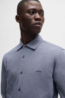 Melange slim-fit shirt in cotton piqu&eacute;, Light Blue