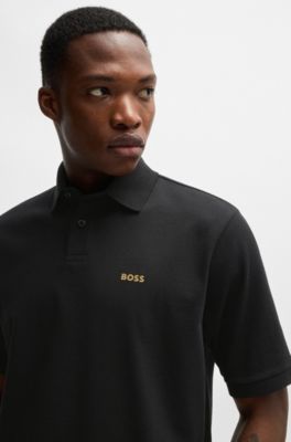 Polo en jersey de coton avec motif artistique imprim&eacute;, Noir