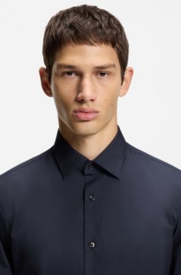 Easy-iron modern-fit shirt in cotton poplin, Dark Blue