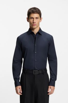Easy-iron modern-fit shirt in cotton poplin, Dark Blue