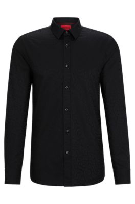 HUGO - Extra-slim-fit shirt in animal-pattern cotton jacquard - Black
