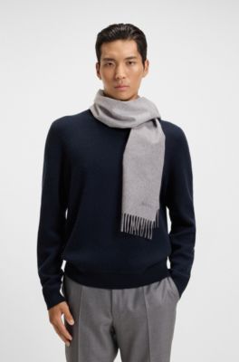 Bufanda de cashmere italiano con flecos y logo bordado, Gris claro