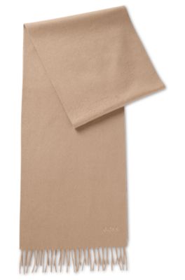 Hugo Boss Italian-cashmere Scarf With Fringing And Embroidered Logo In Beige