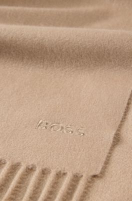 Bufanda de cashmere italiano con flecos y logo bordado, Beige