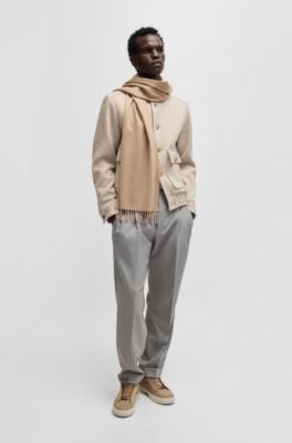Bufanda de cashmere italiano con flecos y logo bordado, Beige