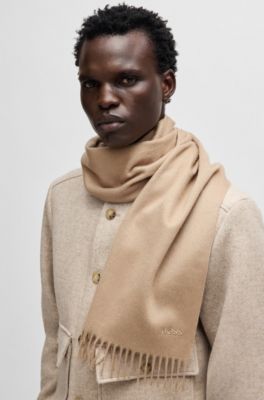 Bufanda de cashmere italiano con flecos y logo bordado, Beige
