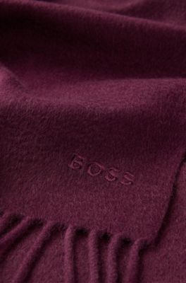 Bufanda de cashmere italiano con flecos y logo bordado, P&uacute;rpura oscuro