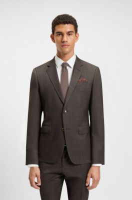 Slim-fit suit in micro-patterned stretch virgin wool, Dark Brown
