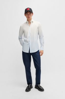 Camisa slim fit en popel&iacute;n de algod&oacute;n a rayas degradadas, Celeste
