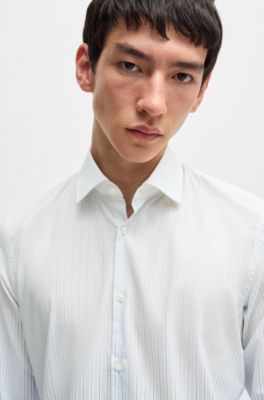 Camisa slim fit en popel&iacute;n de algod&oacute;n a rayas degradadas, Celeste