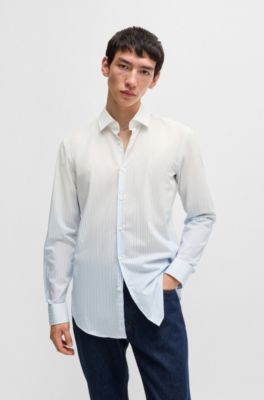 Camisa slim fit en popel&iacute;n de algod&oacute;n a rayas degradadas, Celeste