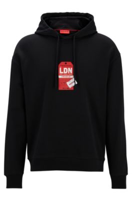 Cotton-terry hoodie with travel-tag artwork, Black