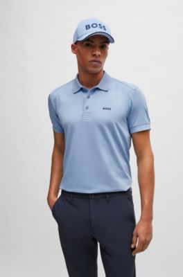 Polo slim fit de algod&oacute;n el&aacute;stico con apliques de cinta a rayas, Celeste