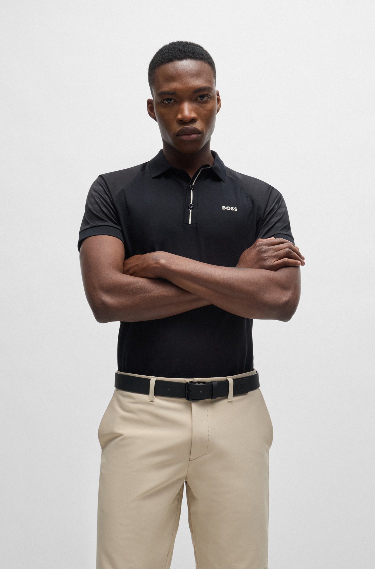 Polo shirt with embossed stripe artwork