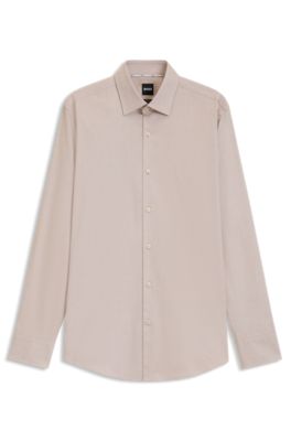 Camisa slim fit en sarga de algod&oacute;n el&aacute;stico de planchado f&aacute;cil, Beige