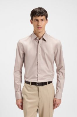 Camisa slim fit en sarga de algod&oacute;n el&aacute;stico de planchado f&aacute;cil, Beige
