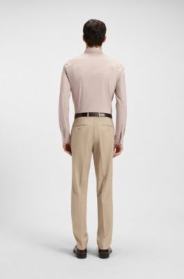 Camisa slim fit en sarga de algod&oacute;n el&aacute;stico de planchado f&aacute;cil, Beige
