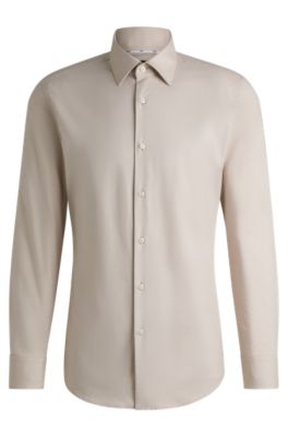 Camisa slim fit en sarga de algod&oacute;n el&aacute;stico de planchado f&aacute;cil, Beige claro