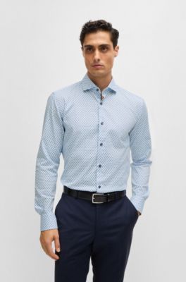 Camisa slim fit de algod&oacute;n el&aacute;stico con estampado, Celeste