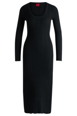Hugo Boss Slim-fit Midi-length Dress With Irregular Ribbed Structure In Black