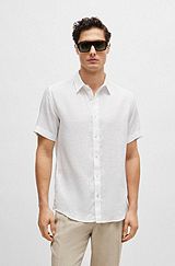 Slim-fit shirt in stretch-linen chambray, White