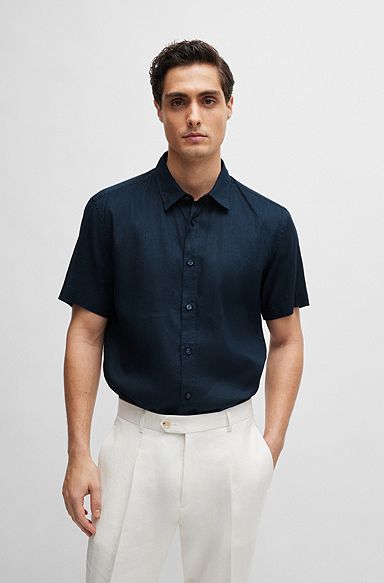 Slim-fit shirt in stretch-linen chambray, Dark Blue