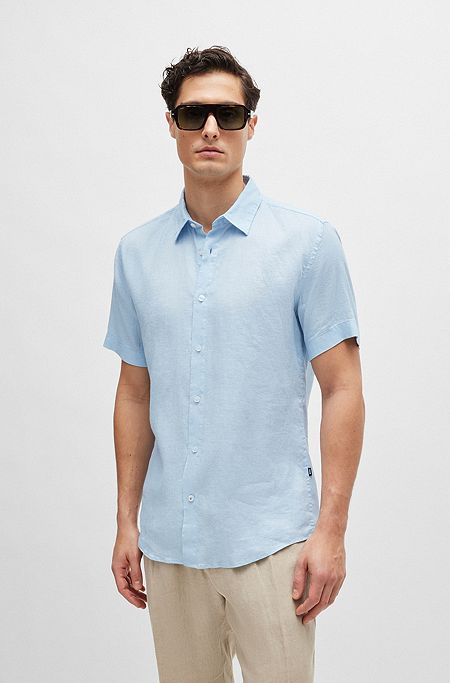 Slim-fit shirt in stretch-linen chambray, Light Blue