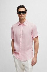 Slim-fit shirt in stretch-linen chambray, light pink