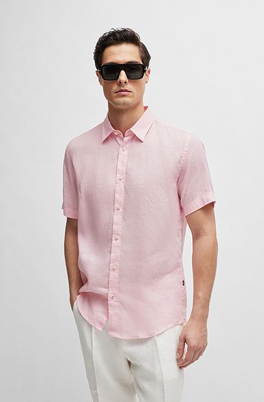 Slim-fit shirt in stretch-linen chambray, light pink